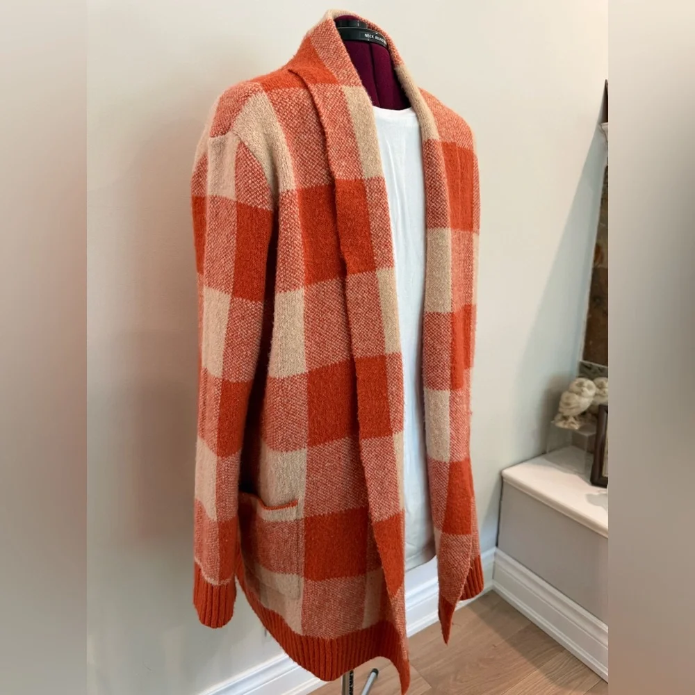 Cyrus Buffalo Plaid Cardigan – Size L | Orange & Cream Cozy Knit - Picture 4 of 9
